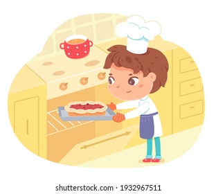 Little boy baking pie in oven at home. Happy kid in hat and apron making sweet food, putting to cook vector illustration. Modern kitchen interior design background with stove.