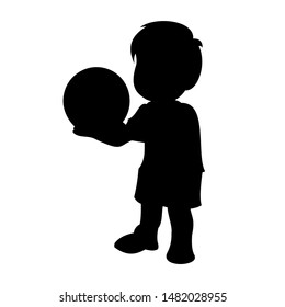 Little boy with a ball in his hands. Black vector graphic illustration  isolated on white background. 