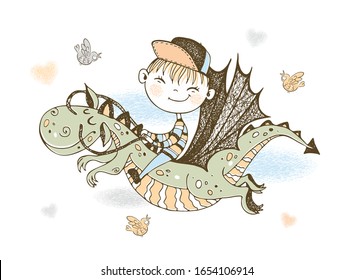 A little boy in a baseball cap is flying on a fairy-tale dragon. Vector.