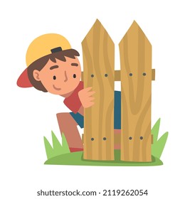 Little Boy in Baseball Cap Playing Hide and Seek Concealing Behind Wooden Fence Vector Illustration