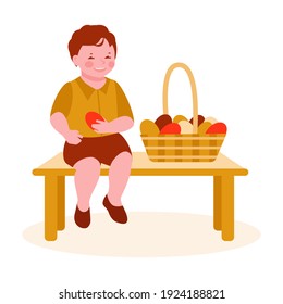 Little boy with a basket of Easter eggs are sitting on a bench. With rabbit ears. Egg hunt. Vector illustration in flat cartoon style.