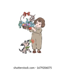 Little boy with basket inside of which lie easter colored eggs, brach of willow and blue flowers. Cheerful child gives gift in religious holiday standing with dog who holding flower in mouth. 