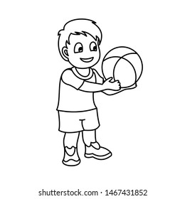 A little boy with a basketball in his hands. Vector illustration with continuous lines on white background.