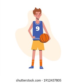 Niño pequeño, jugador de baloncesto. Concepto de diseño plano con un niño lindo con baloncesto. Ilustración del vector aislada en fondo blanco