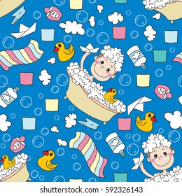 A little boy bathes in bath, in the foam with the rubber duck, paper boat , towel, shampoo, soap bubbles