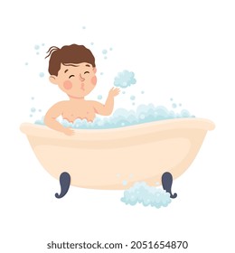 Little Boy Bathing in Bathtub Engaged in Daily Activity and Everyday Routine Vector Illustration