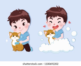 Little boy bathing with a cat.