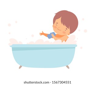 Little Boy Bathing Himself Sitting in Bathtub Vector Illustration