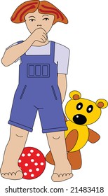 little boy with bear and ball and hand in front his mouth