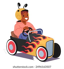Little Boy In A Bee Costume Drives A Custom Pedal Car With Flames. Kid Character Expressing Creativity And Imagination In A Playful And Dynamic Outdoor Setting. Cartoon People Vector Illustration