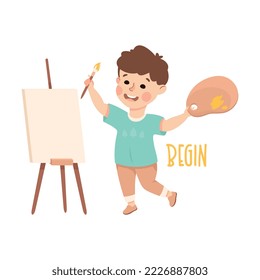 Little Boy Begin Drawing with Brush and Easel Demonstrating Vocabulary and Verb Studying Vector Illustration