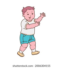 Little boy beginning to walk by himself, sketch vector illustration isolated on white background. Cartoon character to illustrate children development and growth stage.