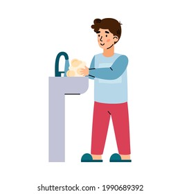 Little boy behind sink washing his hands with soap, cartoon vector illustration isolated on white background. Children daily routine hygiene procedures.