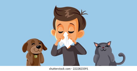 
Little Boy Being Allergic to Cats and Dogs Vector Cartoon Illustration. Child adopting pets discovering being sensitive to domestic animals 
