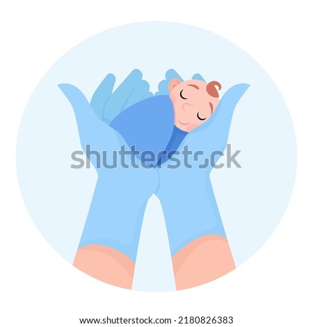 A little boy is being held by two hands of a doctor in blue rubber medical gloves