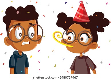 
Niño pequeño que se asusta en su Ilustración vectorial de fiesta sorpresa
Hermano estresado siendo bromista en su cumpleaños 
