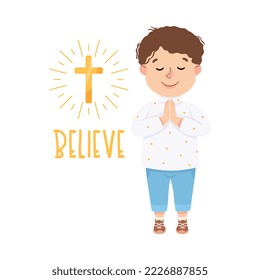 Little Boy Believing in God Praying Demonstrating Vocabulary and Verb Studying Vector Illustration