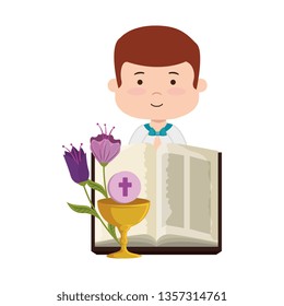 little boy with bibble and flowers first communion character