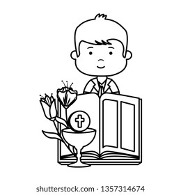 little boy with bible and flowers first communion character