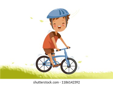 Little Boy a bicycle on green pasture. Child cycling outdoors in helmet. Posture kid riding bikes in nature. cartoon riding bicycle on path. Vector illustrations isolated on white background.