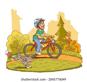 Little Boy a bicycle on green pasture. Child cycling outdoors in helmet. Posture kid riding bikes in nature. cartoon riding bicycle on path. Vector illustration isolated 