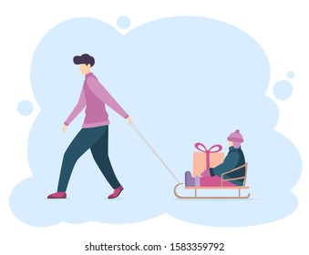 Little boy with big Christmas gift riding on a sleigh driven by his father. Holiday winter theme. Cartoon illustration with happy family  can be used for holiday design, cards, invitation, banners.