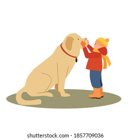 Little boy and with big fluffy brown dog friend, companion. Man with the dog. Caring for a four-footed friend. Vector illustration in a flat style. Isolated on white background.