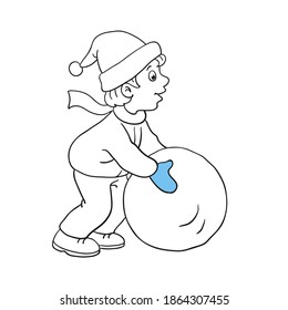 Niño pequeño con una bola de nieve grande. Imagen de contorno blanco y negro con acento azul. Al estilo de las caricaturas. Aislado sobre fondo blanco. Para colorear un libro. Ilustración vectorial.