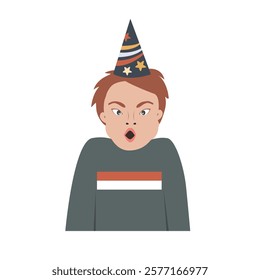 Little boy in birthday cat with surprised or blowing out facial expression. Cartoon vector isolated illustration.