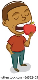 A little boy bites into a big red apple.