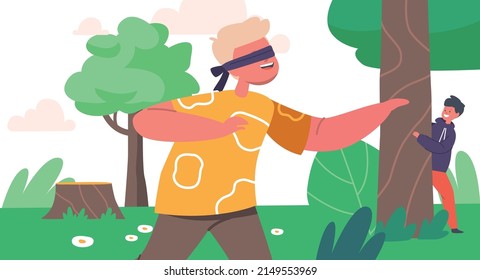 Little Boy with Blindfold Trying to Catch Friend Hiding behind of Tree in Park or Forest. Summer Active Games for Children. Kids Characters Vacation Recreation. Cartoon People Vector Illustration