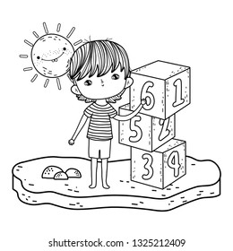 little boy with blocks numbers in the field