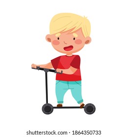 Little Boy with Blonde Hair Riding Scooter Vector Illustration