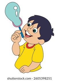 Little boy blowing blowpipe cartoon vector illustration