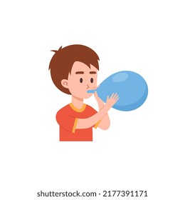 Little boy blowing blue balloon flat style, vector illustration isolated on white background. Kid in orange T-shirt preparing decoration for party or holiday