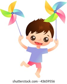 Little boy blowing on a pinwheel