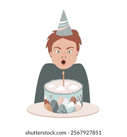 Little boy blowing out the candles on his Birthday cake. Cartoon vector isolated illustration