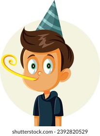 
Niño pequeño que luce una ilustración de un vector de ruidosas de fiesta. Niño alegre emocionado por el Año Nuevo 
