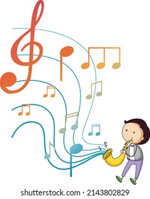 A little boy blowing saxophone with music notes on white background illustration