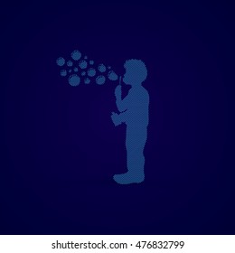 A little boy blowing soap bubbles designed using dots pixels graphic vector.