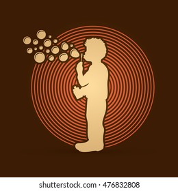 A little boy blowing soap bubbles designed on line circle graphic vector.