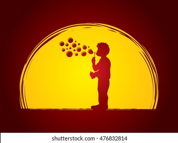 A little boy blowing soap bubbles designed on moonlight background graphic vector.
