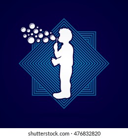 A little boy blowing soap bubbles designed on line square graphic vector.