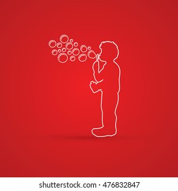 A little boy blowing soap bubbles outline graphic vector.