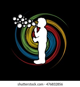 A little boy blowing soap bubbles designed on spin wheel graphic vector.