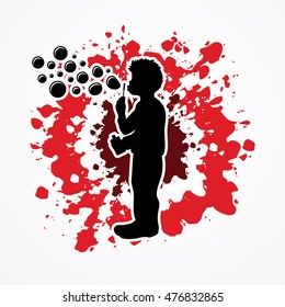 A little boy blowing soap bubbles designed on splatter ink graphic vector.