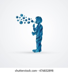 A little boy blowing soap bubbles designed using blue grunge brush graphic vector.