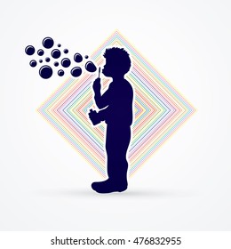 A little boy blowing soap bubbles designed on colorful line square graphic vector.