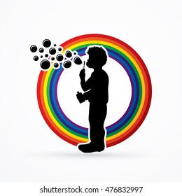 A little boy blowing soap bubbles designed on line rainbows graphic vector.