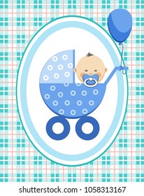 A little boy in a blue stroller. A blue ball is tied to the stroller. Color, flat card. Congratulation. Blue squares on the white field. Checkered pattern. 